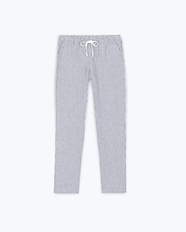 Bo Linen Drawstring Pants - Sustainable French Linen / Blue and White Stripe Lines