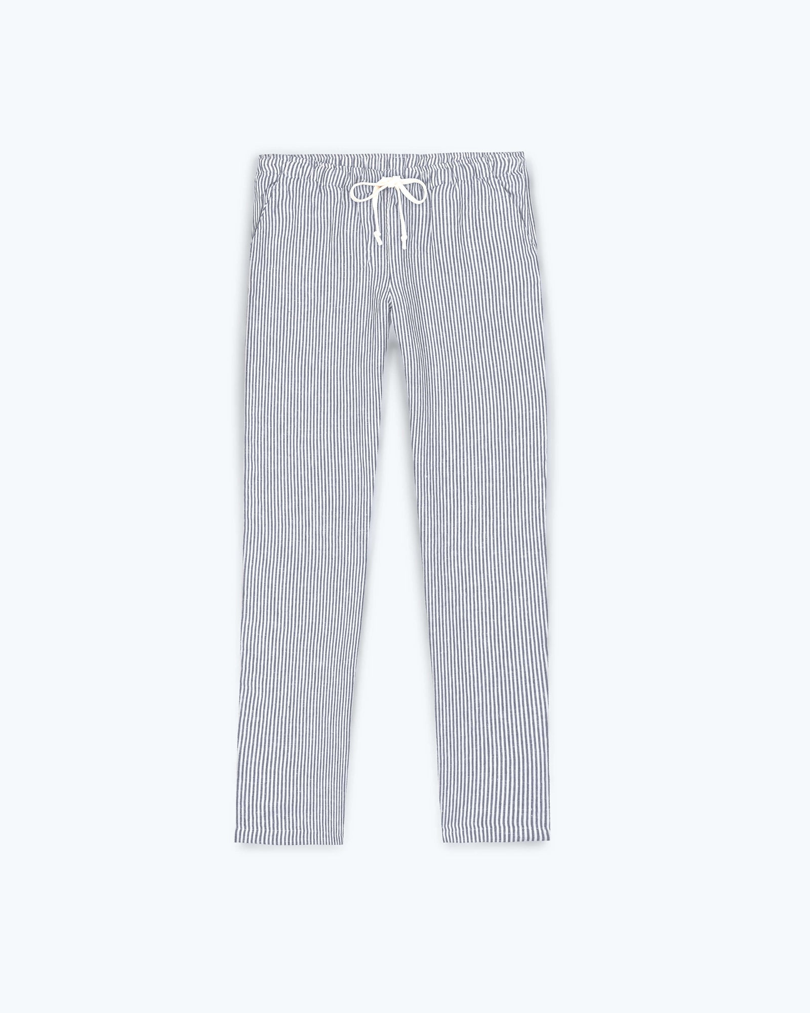 Bo Linen Drawstring Pants - Sustainable French Linen / Blue and White Stripe Lines