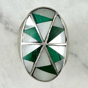Vintage Zuni Mother of Pearl and Malachite Silver ring