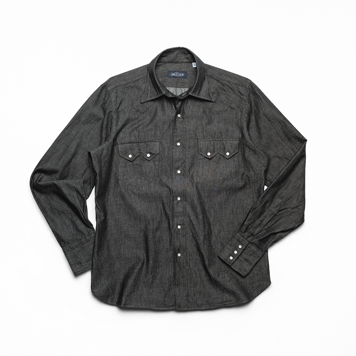 J. Mueser Washed Black Denim Neapolitan Pearl Snap