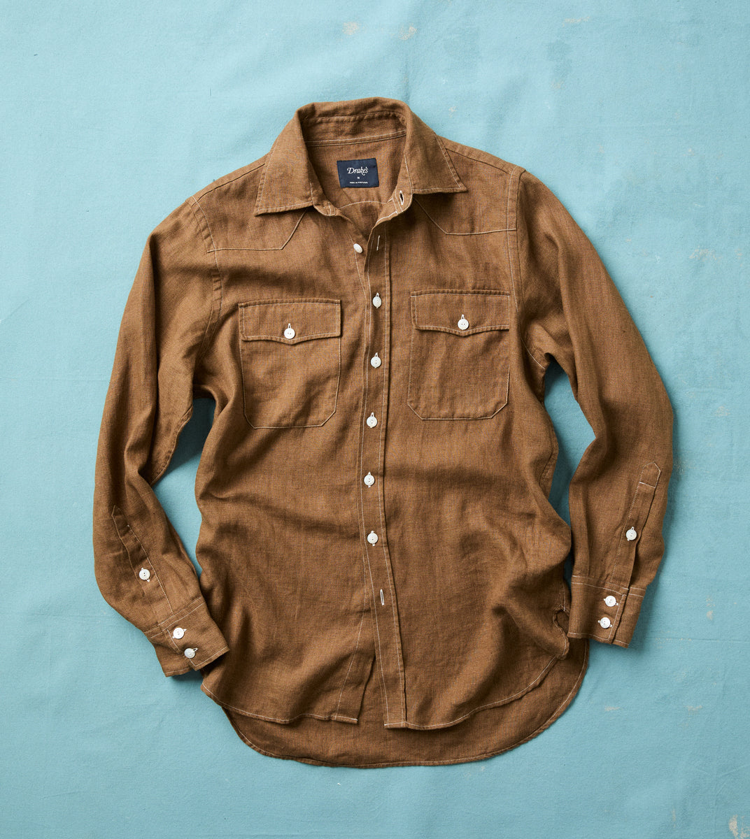 Brown Linen Two-Pocket Western Shirt