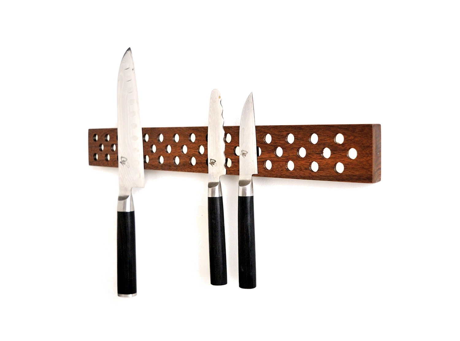 Magnetic Knife Bar in Walnut. Super strength neodymium magnets.