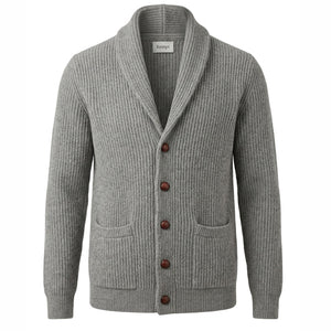 Kempt Lambswool Ribbed Shawl Collar Cardigan in Grey
